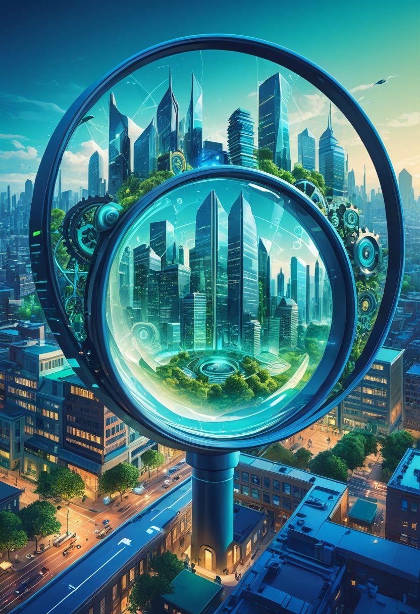 A sleek, futuristic cityscape with interconnected buildings symbolizing digital networks, a giant magnifying glass focusing on a particular building to signify SEO, and gears turning to represent optimization and maintenance. The city is bathed in vibrant blues and greens to signify growth and technology. Vector art. vibrant colors. high-tech aesthetics.