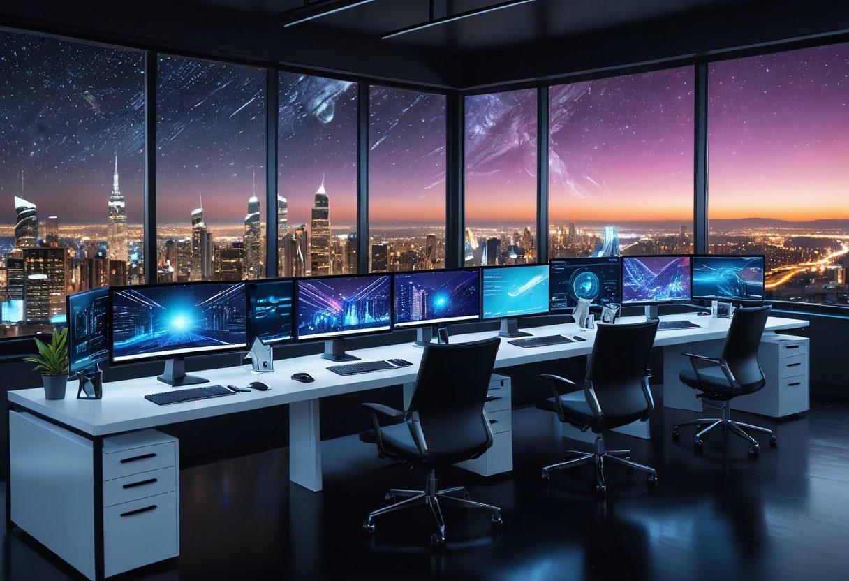 A sleek and modern digital workspace filled with vibrant holographic displays, showcasing various elements of web design and development including coding scripts, responsive layouts, and user interface mockups. A team of diverse, focused professionals collaborating seamlessly at futuristic workstations. The background seamlessly transitions from a sunny cityscape to a starry night sky, symbolizing continuous innovation. Digital art. vibrant colors. futuristic design.