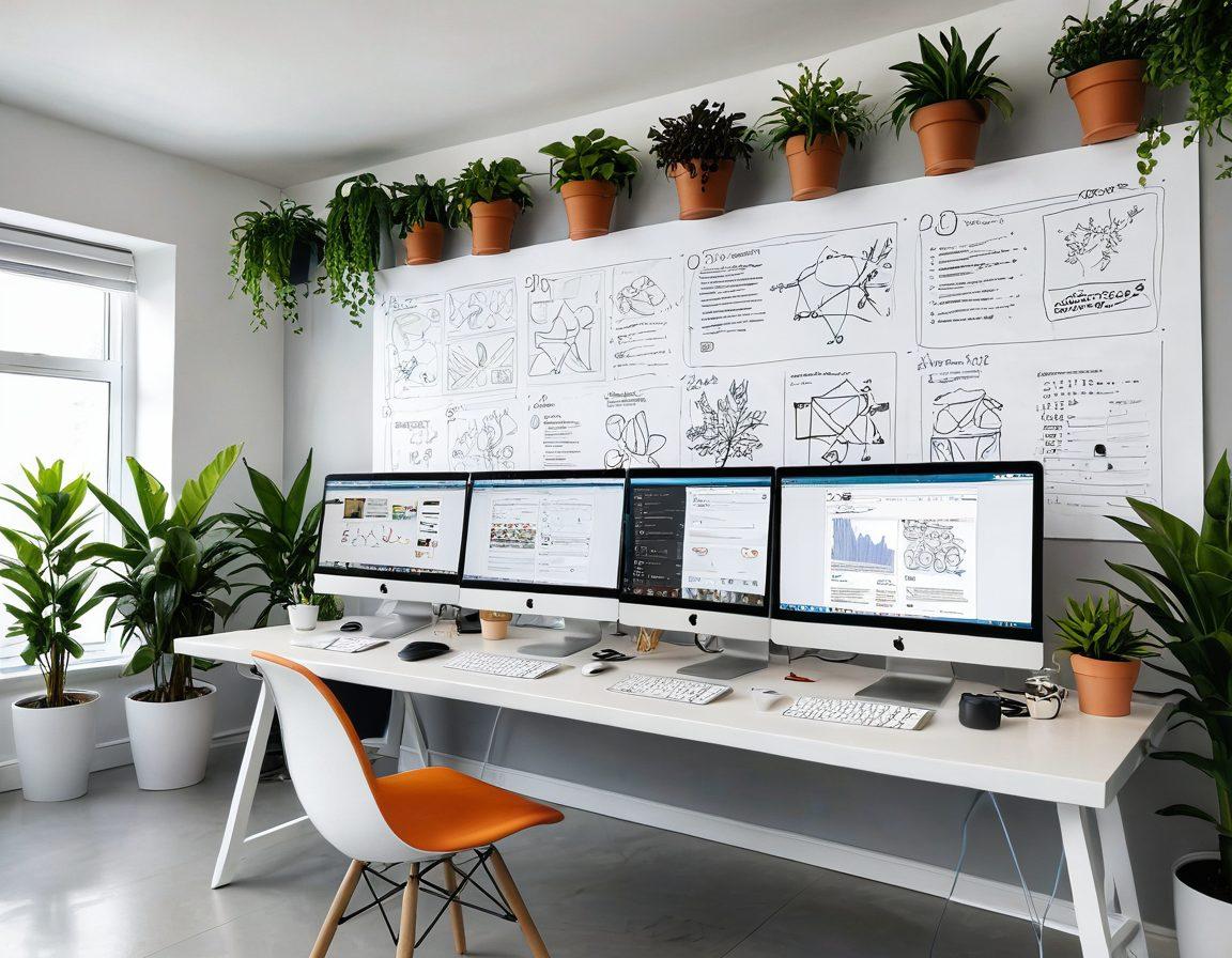 A sleek, modern workspace featuring designers and developers collaborating on a web project. A large screen showcases a stunning website, while brainstorming notes and sketches fill the background. Include high-tech gadgets, coffee cups, and vibrant potted plants to enhance creativity. super-realistic. vibrant colors. white background.